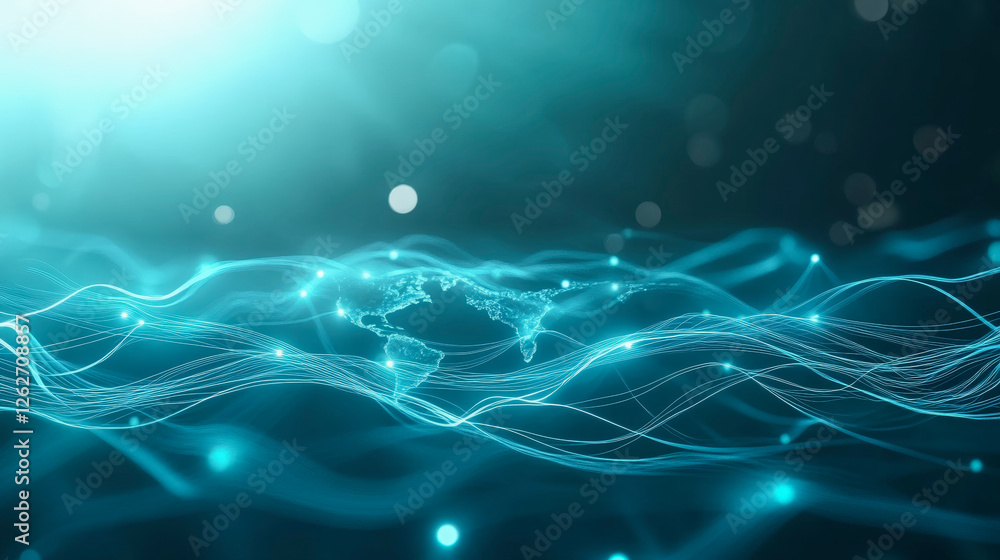 Poster digital world map with glowing lines, representing global connectivity, technology trends, and futur