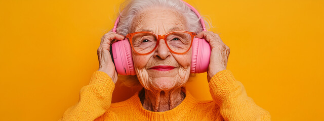 The cool elderly lady with pink headphones in front of a yellow background