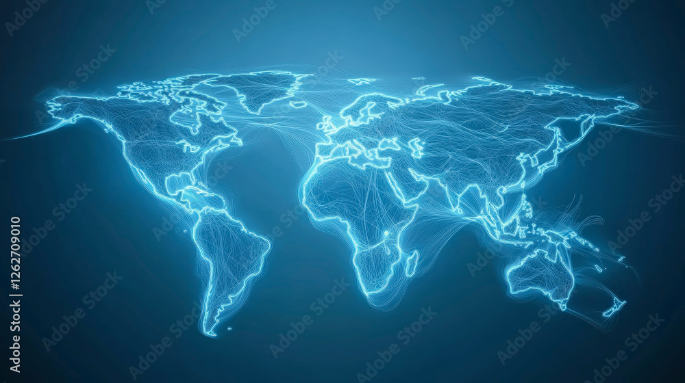 Poster global digital network map showcasing interconnected continents, emphasizing connectivity and techno