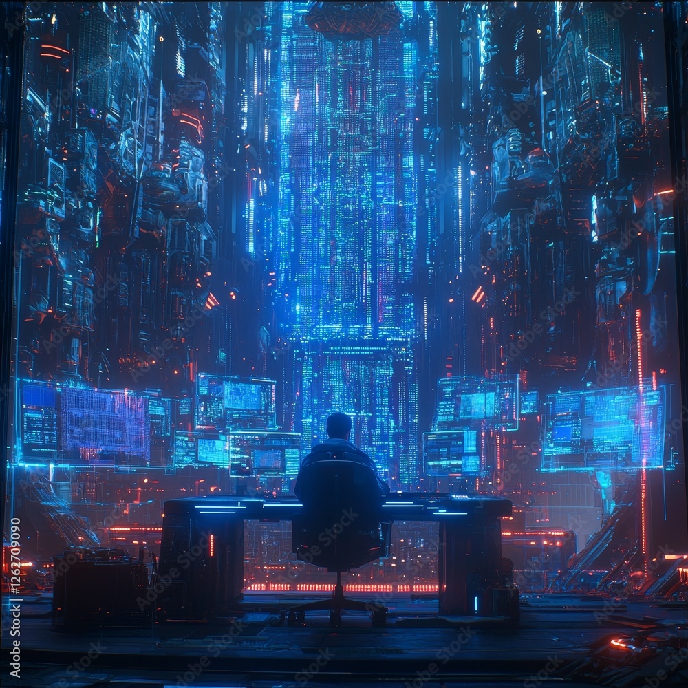 Poster advanced vision: technology specialist in high-tech data center working on laptop surrounded by serv