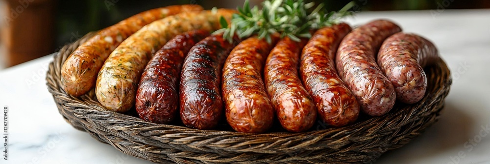 Poster an enticing array of assorted sausages complemented by fresh herbs, creating a colorful and delectab