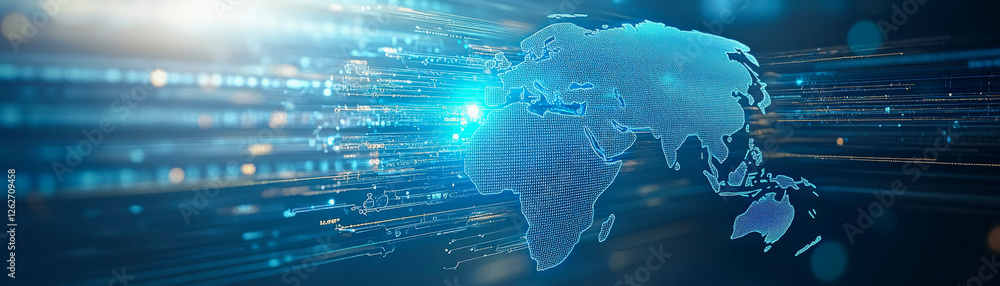 Poster explore advanced global technology networks with this digital world map, showcasing connectivity tre