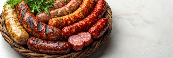 A beautifully presented platter of grilled and smoked assorted sausages, showcasing an enticing variety of colors and flavors, perfect for any gathering or culinary occasion.