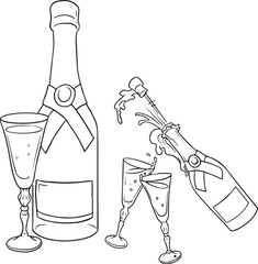 Hand drawn outline sketch of champagne bottle and two glasses. Vector illustration. Image for any kind of celebration. Vector set
