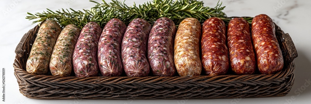 Poster a rustic wicker basket filled with an array of gourmet sausages, beautifully arranged, exemplifying 