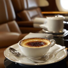Indulge in a Delicate Creme Brulee with Espresso Luxury Lounge Dessert Pairing Elegant Setting Close-up View Culinary Art