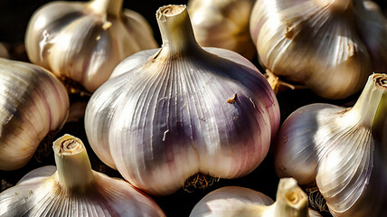 "Artistic Close-Up of Fresh Garlic Bulbs on Rustic Wooden Surface &ndash; Editorial AI Illustration for Culinary and Organic Food Concepts"
