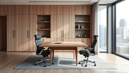 This contemporary office interior features a modern table and comfortable chairs