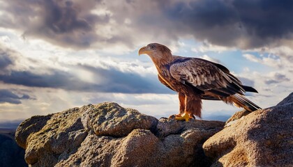 A close-up of a majestic eagle perched on a rocky cliff, its sharp eyes scanning the horizon under a dramatic cloudy sky.