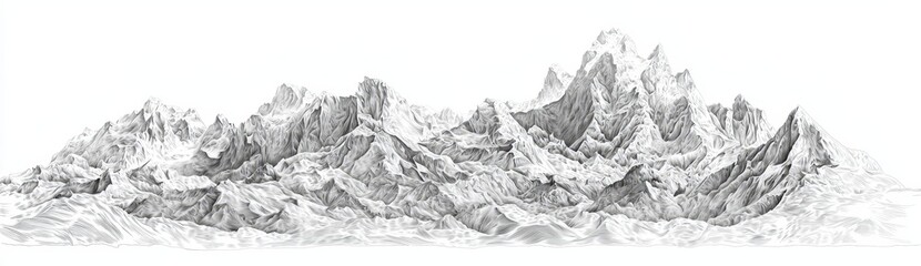 A modern illustration of a hand-drawn mountain range landscape. The greyscale abstract panorama highlights a rocky mountains skyline.