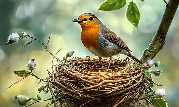 A Graceful Robin Perching Beside Its Intricately Woven Nest, Decorated with Twigs and Feathers, in a Peaceful and Tranquil Setting