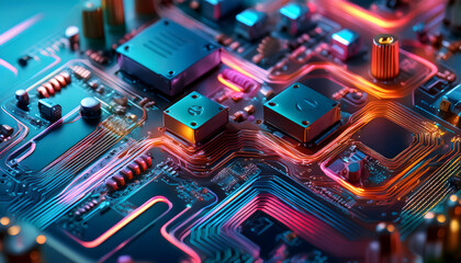 A macro image of a processor or a graphic card, technological device storing memory, hardware close-up, neon led lights. Generative AI technology