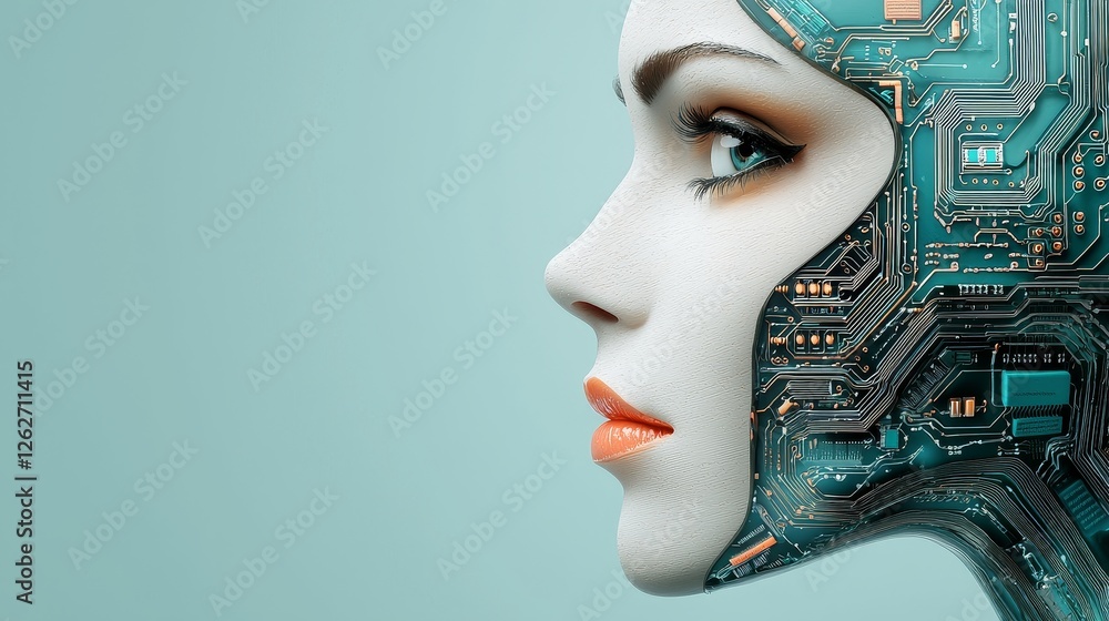 Poster realistic stock image of a human head featuring a computer mind connection with a circuit board insi