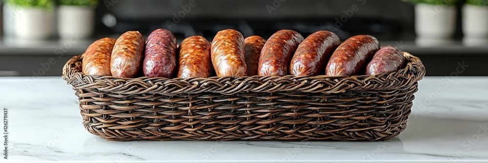 Poster this image showcases a beautiful display of assorted sausages arranged in a rustic wicker basket, pe