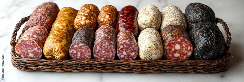 Poster a colorful assortment of sausages displayed on a wicker tray, showcasing a range of textures and fla