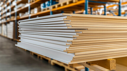 High-quality plywood sheets neatly stacked in a warehouse, ready for construction projects. Premium wood materials for builders and architects.