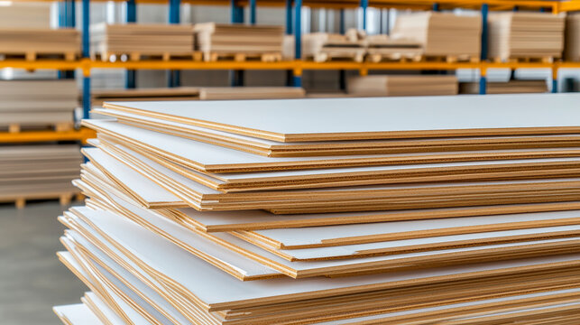 High-quality plywood sheets stacked in a warehouse, ideal for construction and carpentry projects. Durable and reliable building materials.