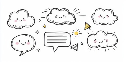 Elements such as a crown, emphasis arrow, speech bubble, and scribble are created with pen liner doodles. These hand-drawn, adorable cartoon pencil sketches of decorative icons showcase modern