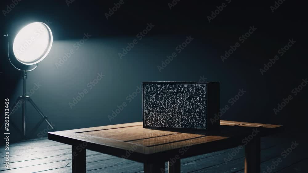Poster moody video scene with a low-angle shot of a patterned box on a wooden table, illuminated by a spotl