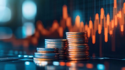 Coin stacks with a digital financial graph in the background, symbolizing economy trends, financial meltdown, and cryptocurrency market dynamics