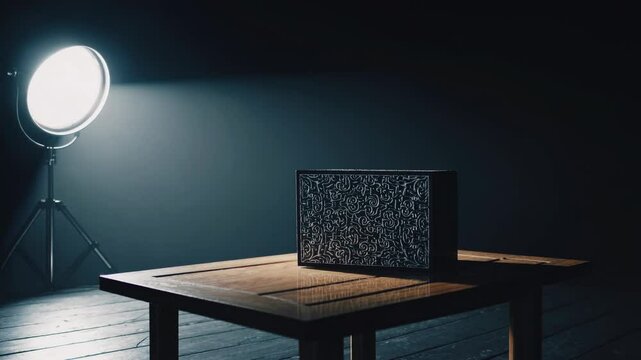 Moody video scene with a low-angle shot of a patterned box on a wooden table, illuminated by a spotlight in a dark room, creating dramatic shadows.