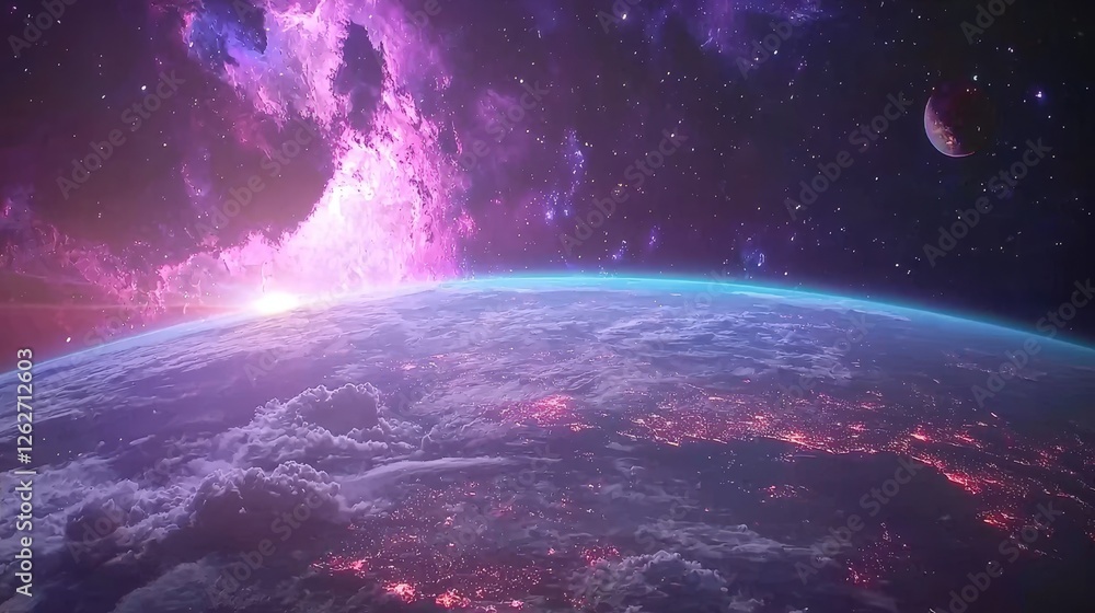 Poster 4. a stock image displaying a panoramic view of the earth, showing glowing city lights and light clo