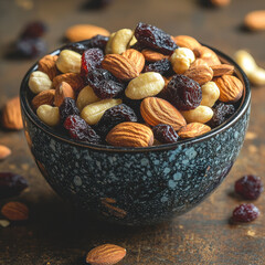 bowl of mixed nuts and dried fruits on rustic table, showcasing delightful assortment