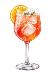 PNG Glass of Aperol Spritz with ice cubes, orange slice. Watercolor sticker with white border isolated on transparent background. Classic Italian cocktail illustration for design and print.