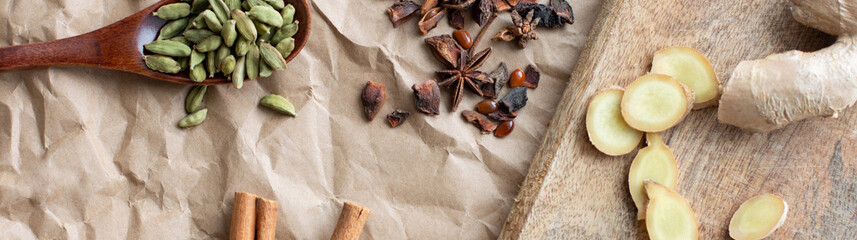 Spices in a beautiful serving. Star anise, cardamom, cinnamon, ginger
