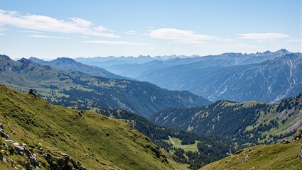 Fototapeta premium Explore a verdant mountain valley with majestic peaks and gentle slopes inviting you to partake in its serene beauty