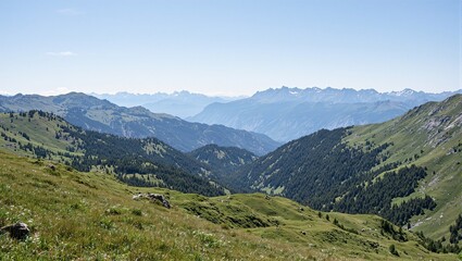 Fototapeta premium Explore a verdant mountain valley with majestic peaks and gentle slopes inviting you to partake in its serene beauty