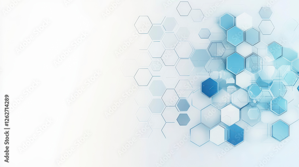Poster innovative digital technology concept featuring blue hexagonal patterns on a clean background, perfe