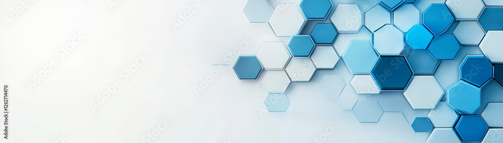 Poster explore modern architecture design with blue hexagonal patterns and geometric shapes for innovative,