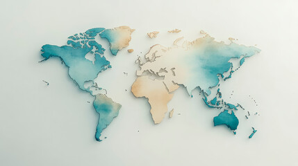Explore this artistic watercolor world map, showcasing global geography with elegant hues. Ideal for travel enthusiasts and educators.