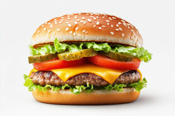 A delicious cheeseburger with lettuce, tomato and pickles on a white background.