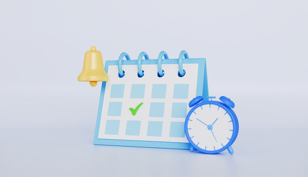 Calendar with clock and notification bell, workflow organization, work planning, project management, time management