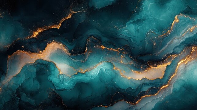 Elegant teal and white marble texture with golden accents