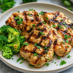 Grilled chicken served with steamed broccoli and fresh herbs, delicious meal