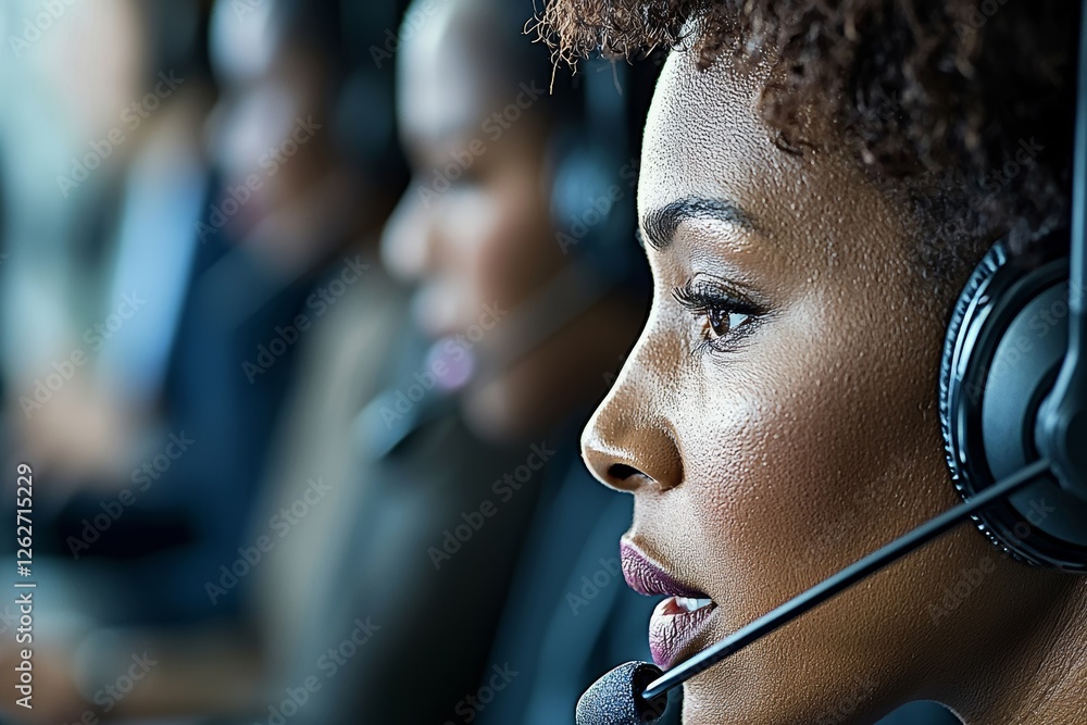 Aufkleber female call center agent, diligent and dedicated, handling tasks on a computer at the central custom
