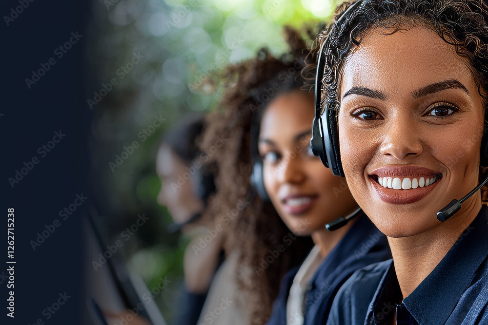 Poster a focused and dedicated female call center agent managing tasks on a computer within the central cus