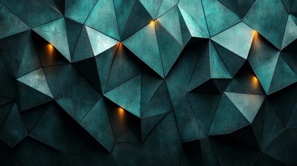 Fototapeta premium A futuristic design featuring a black dark blue green teal cyan petrol jade abstract background, geometric shapes, 3D effects, line triangles, angles, polygons, and waves. Incorporates a color