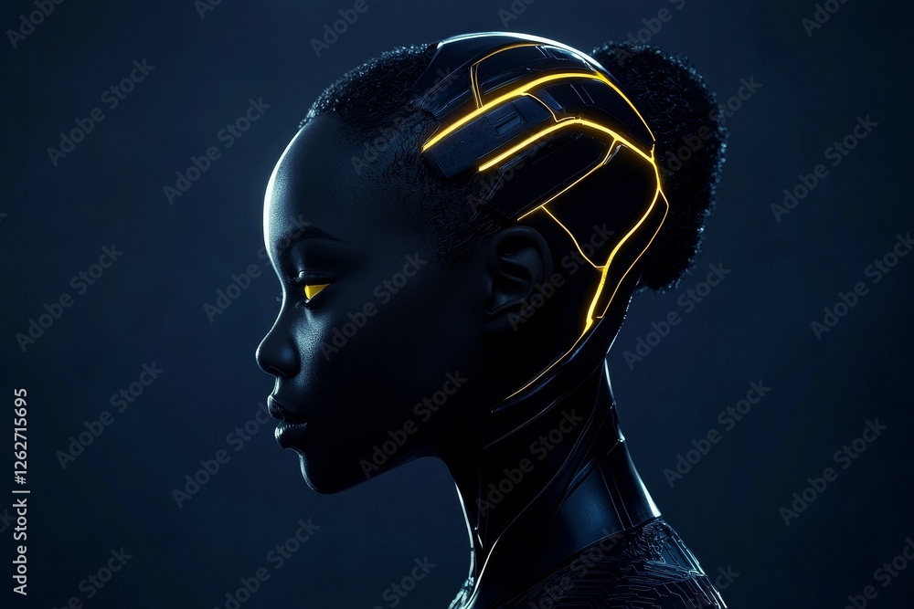 Poster a generative ai artwork displaying the creation of a female humanoid robot, presented on a dark blac