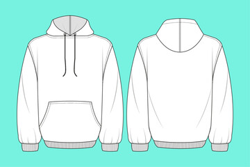 Hoodie black and white outline flat sketch template.