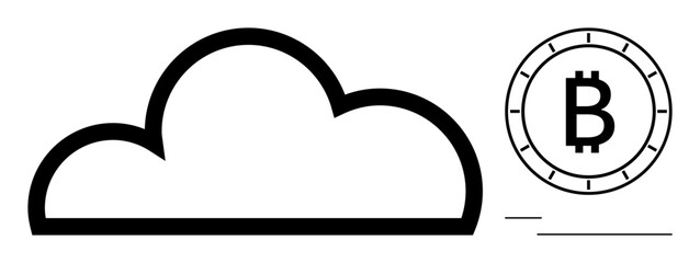 Cloud outline next to Bitcoin icon with minimal lines. Ideal for cloud storage, digital currency, cryptocurrency, blockchain, financial technology, digital wallets, and online transactions. Line