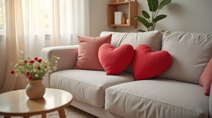 Cozy living room adorned with heart-shaped cushions and vibrant decor
