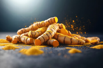 A pile of turmeric root on a dark background, with yellow powder scattered around it.