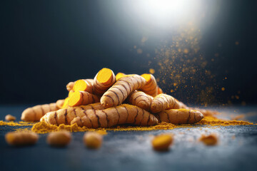 A pile of turmeric root on a dark background, with yellow powder scattered around it.