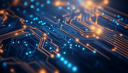 Abstract Electronic Circuitry Glowing Orange and Blue Paths, Detailed Technical Vector Art