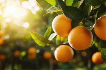 oranges hanging from orange trees in an orchard with sunlight filtering through the leaves