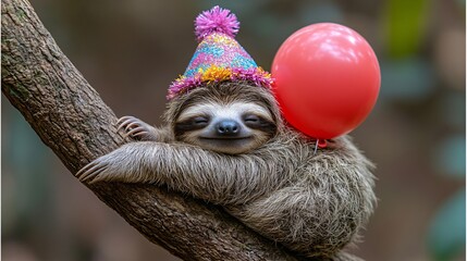 Fototapeta premium Silly and Joyful Sloth Wearing a Birthday Party Hat, Clutching a Balloon, and Dangling From a Tree Limb With a Playful and Happy Expression